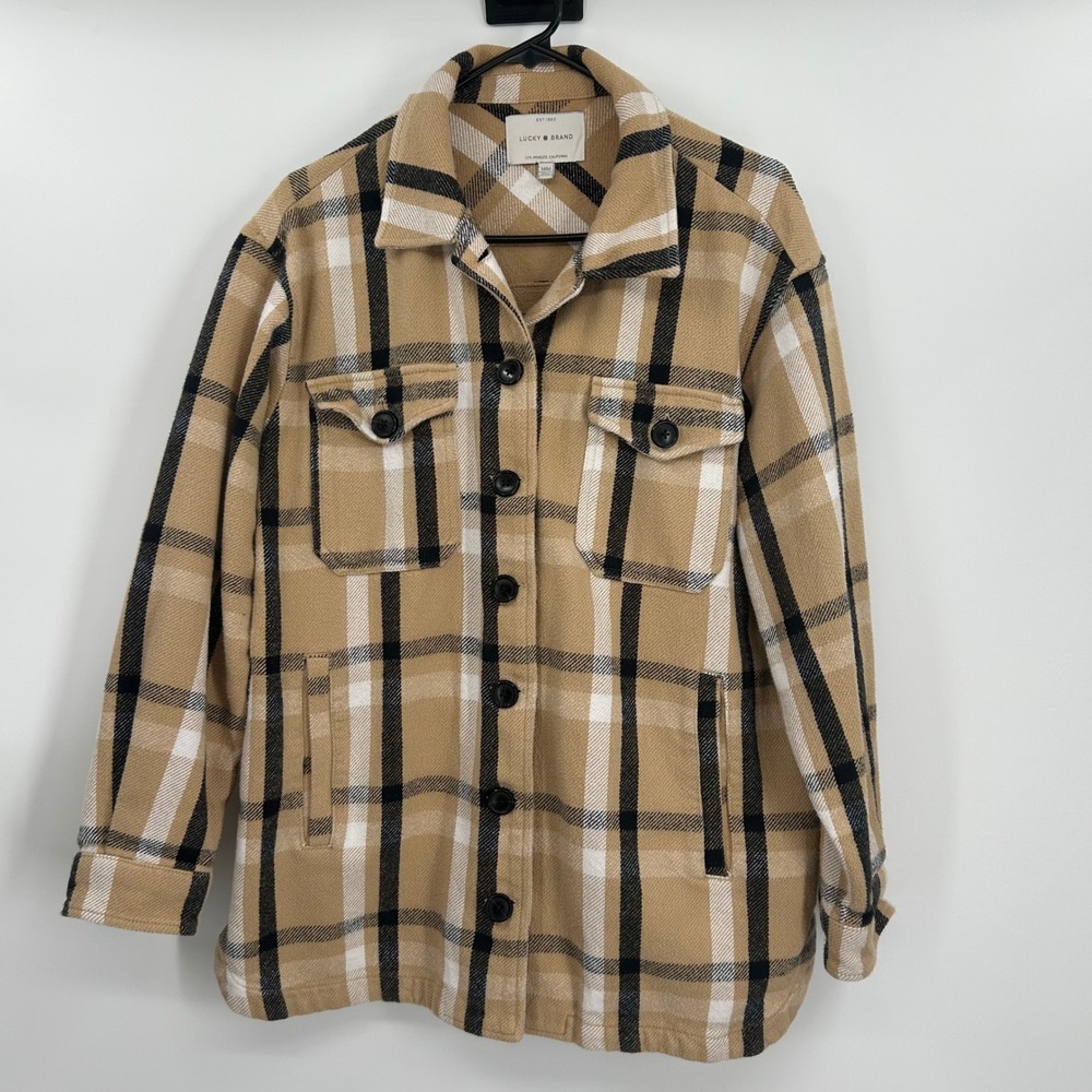 Lucky Brand Women Plaid Shacket Tan Black White 100% Cotton Button Front Size M